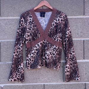 Vintage Y2K No Boundaries Leopard Print Split Bell Sleeve Mesh Babydoll Top